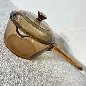Vintage 80s Vision Corning France Brown Glass Small Sauce Pan W PYREX Lid